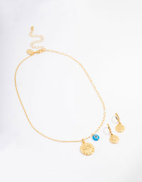 Gold Plated Coin Evil Eye Necklace & Earring Jewellery Set - link has visual effect only