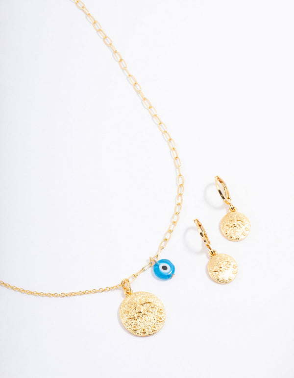 Gold Plated Coin Evil Eye Necklace & Earring Jewellery Set