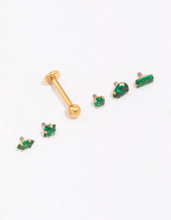 Gold Plated Surgical Steel Emerald Stone Flat Back 6-Pack