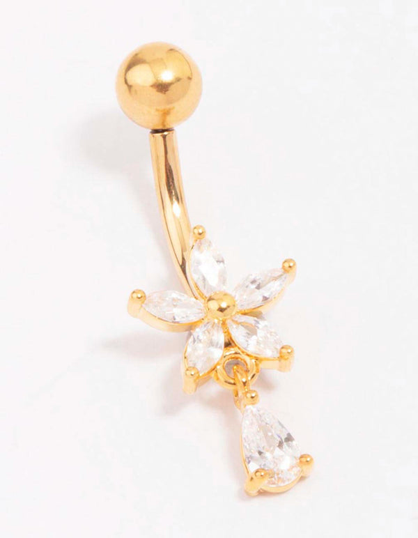 Gold Plated Titanium Cubic Zirconia Flower Pear Belly Piercing