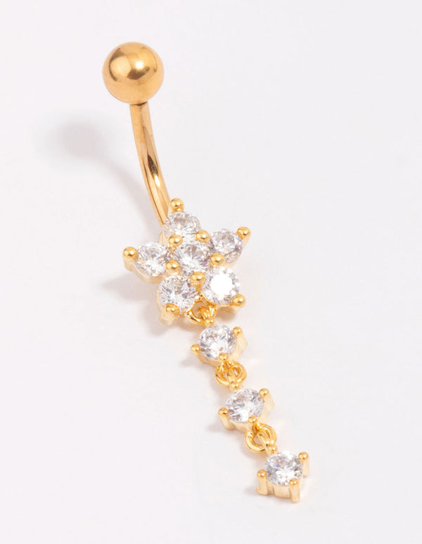 Gold Plated Titanium Cubic Zirconia Flower Belly Bar