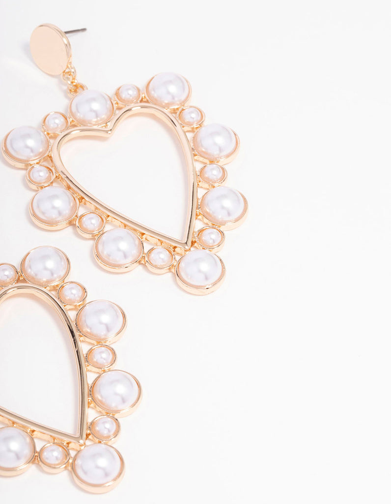 Gold Modern Pearl Heart Pearl Drop Earrings