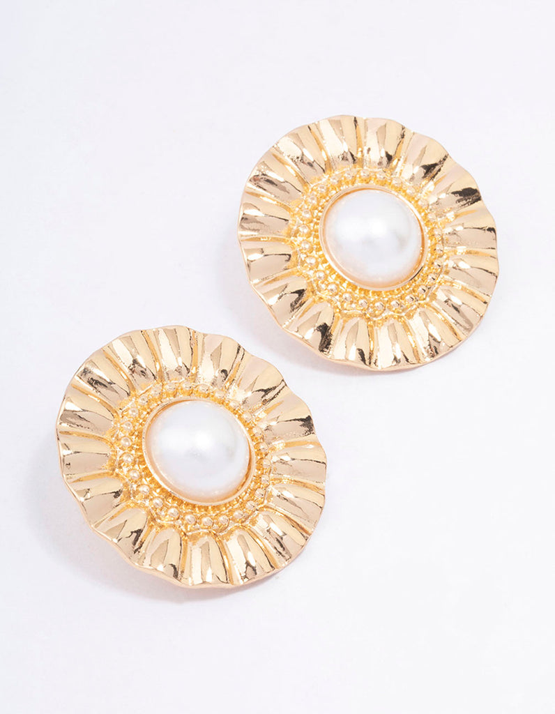 Gold Fan Pearl Statement Stud Earrings