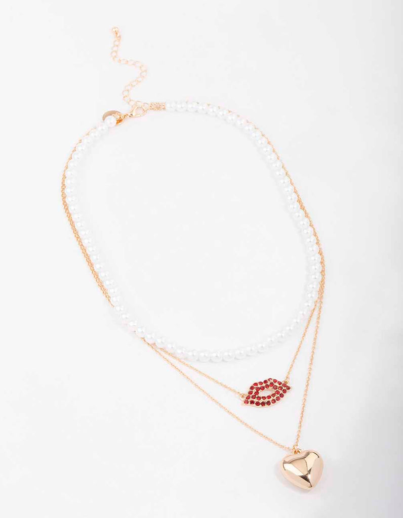 Gold Heart & Lips Glamorous Layered Necklace
