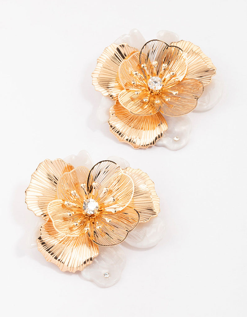 Gold Large Flower Statement Stud Earrings