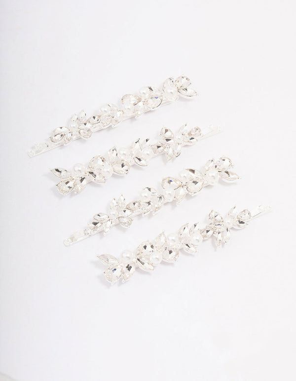 Silver Crystal & Pearl Leaf Hair Clip 4-Pack