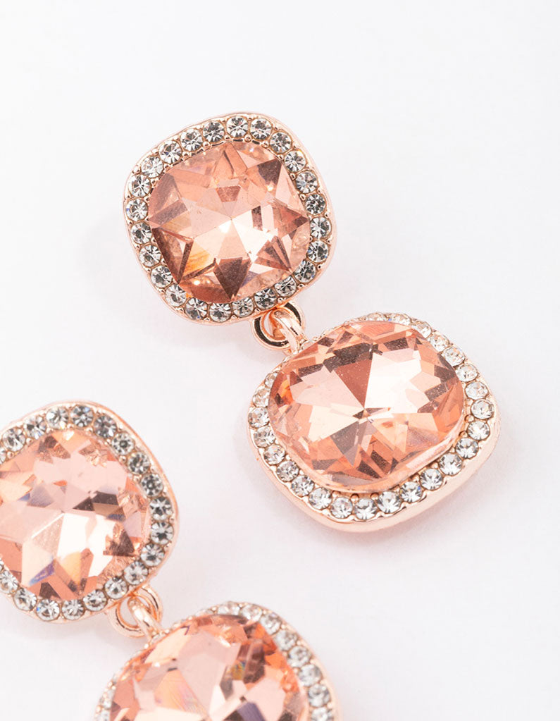 Rose Gold Double Square Halo Drop Earrings