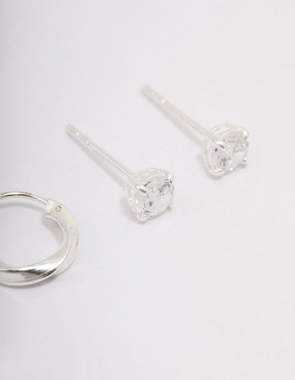 Sterling Silver Cubic Zirconia & Twisted Hoop Earrings