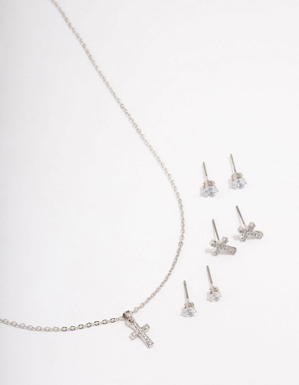 Rhodium Cross Necklace & Earring Jewellery Set