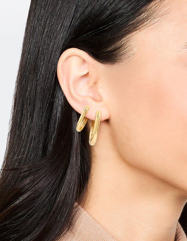 Waterproof Gold Plated Stainless Steel Square Oval Hoop Earrings 2-Pack