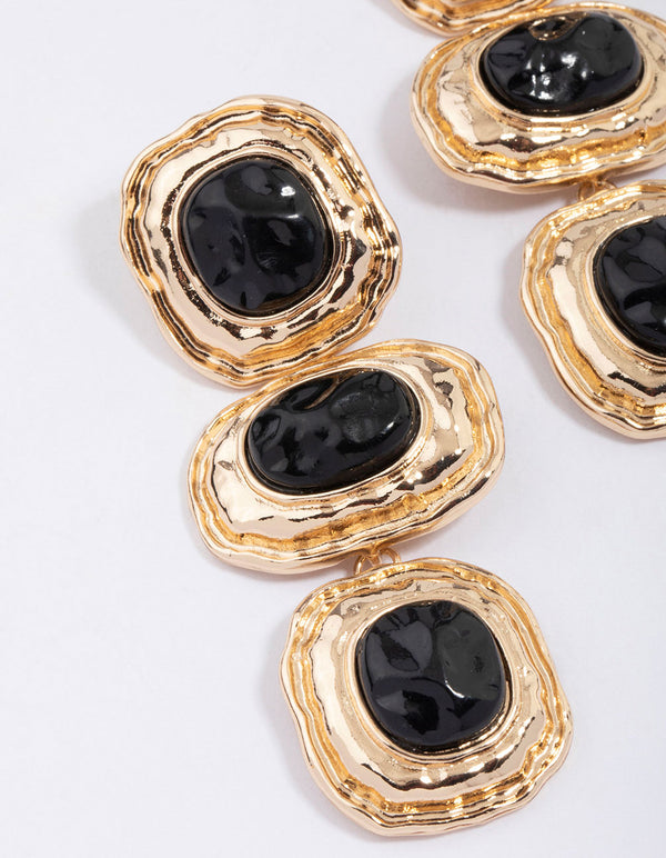 Gold & Black Molten Triple Stone Drop Earrings