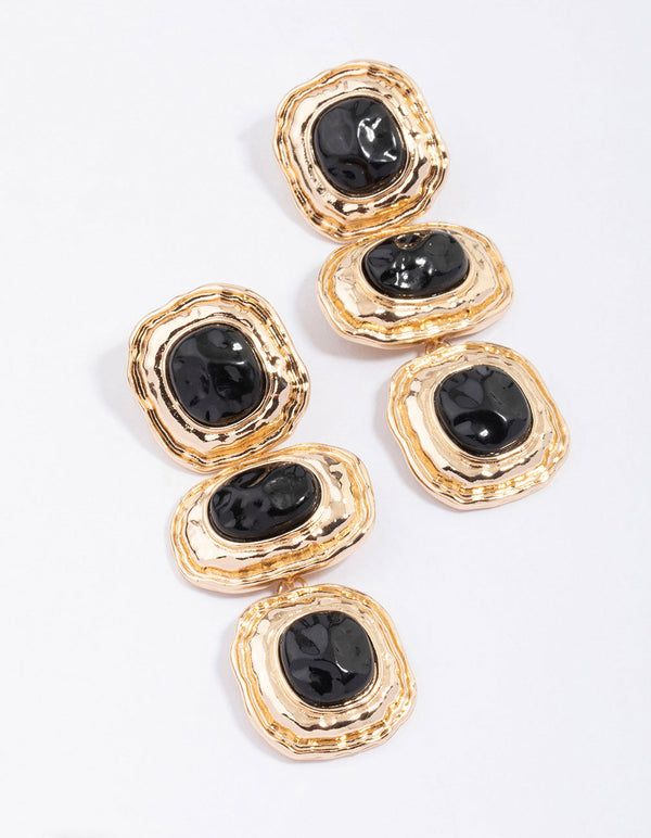 Gold & Black Molten Triple Stone Drop Earrings