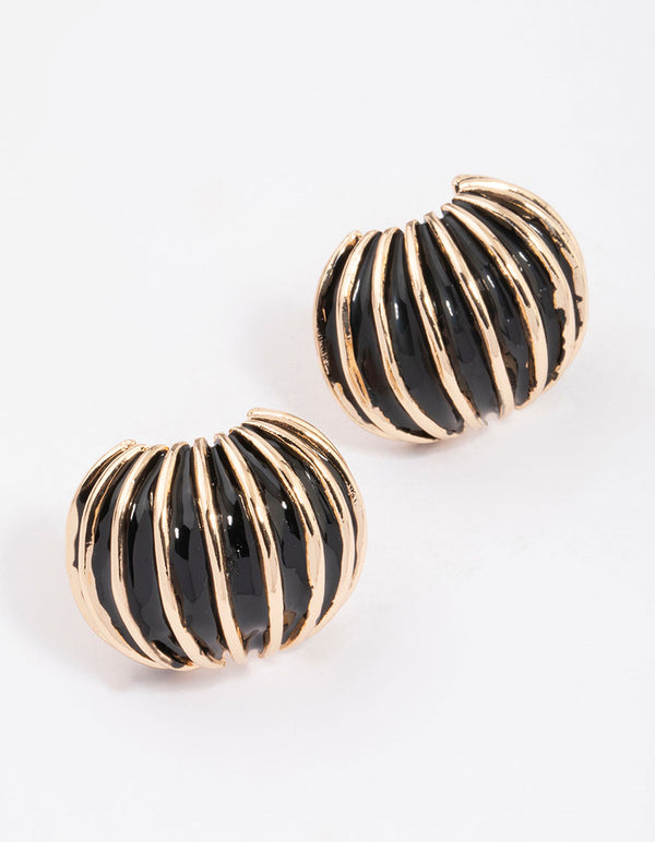 Gold & Black Ribbed Small Stud Earrings