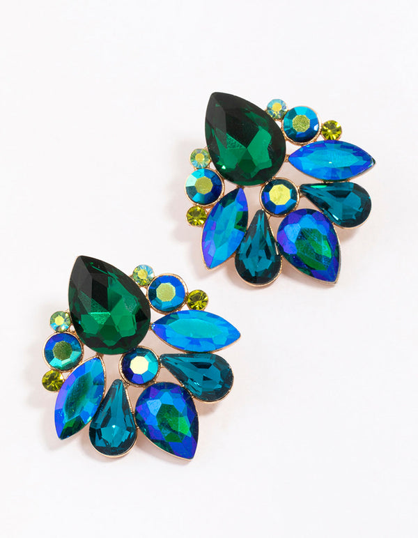 Gold Stone Cluster Statement Stud Earrings