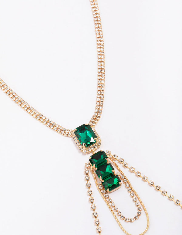 Gold Diamante & Emerald Stone Drop Necklace