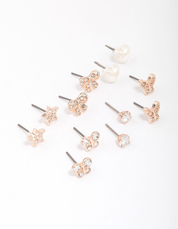 Kids Rose Gold Diamante Butterfly Stud Earring 6-Pack