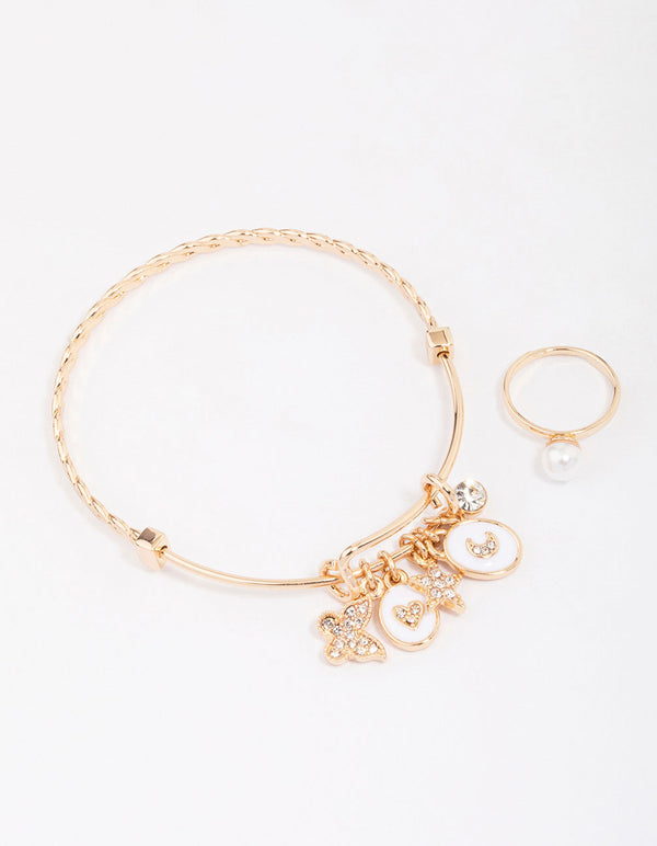 Kids Rose Gold Twisted Charm Bracelet & Ring Jewellery Set