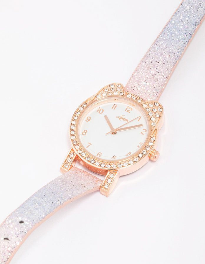 Beautifully designed kids rose gold diamante rainbow watch featuring glitter accents with white dial, numbers, round shape, casual style, analog type and multi-color leather strap watch face detail view