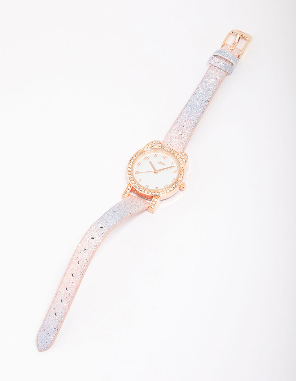Beautifully crafted, this kids rose gold diamante rainbow watch featuring glitter accents with white dial, numbers, round shape, casual style, analog type and multi-color leather strap front view