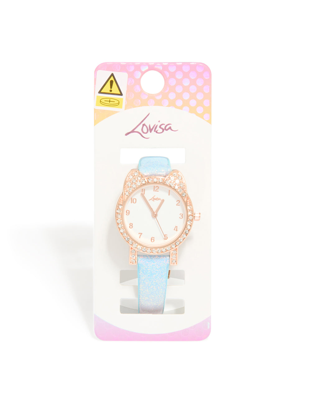 Showcasing kids rose gold diamante rainbow watch featuring glitter accents with white dial, numbers, round shape, casual style, analog type and multi-color leather strap, shown in packaging case detail view
