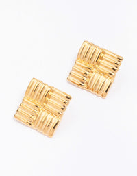 Gold Plated Stainless Steel Square Ribbed Stud Earrings - link has visual effect only