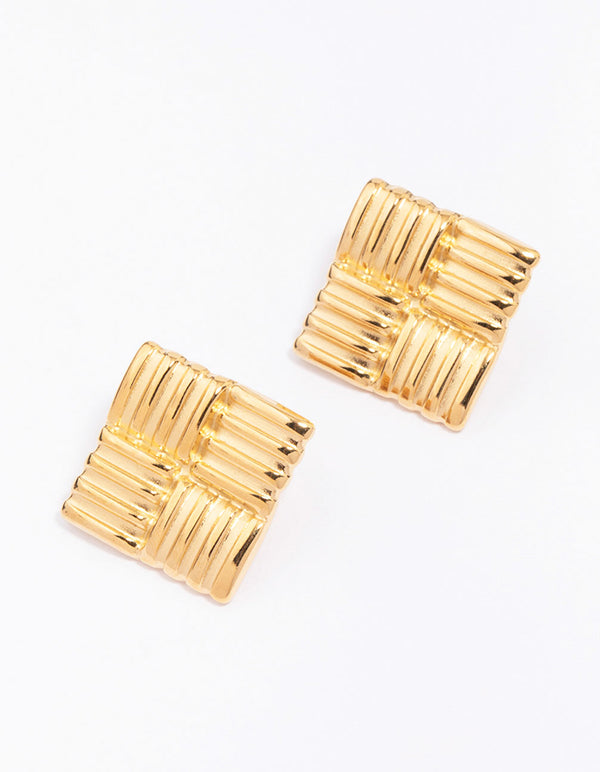 Gold Plated Stainless Steel Square Ribbed Stud Earrings