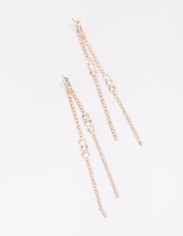 Rose Gold Diamante Trio Cluster Drop Earrings