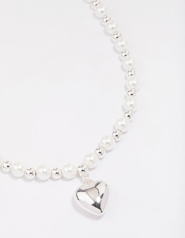 Silver Pearl Heart Chain Necklace