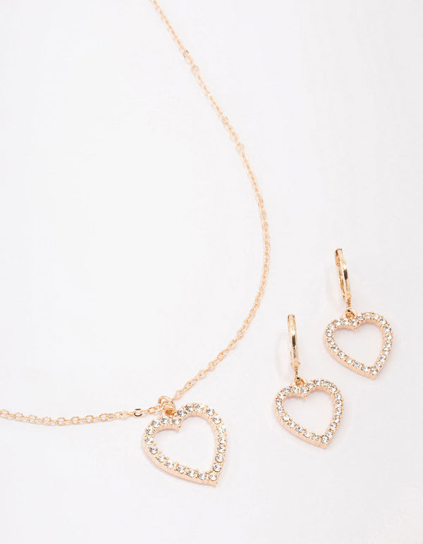 Gold Diamante Heart Necklace & Earring Jewellery Set