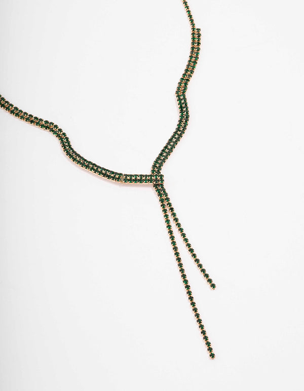 Gold Dainty Emerald Ribbon Lariat Necklace