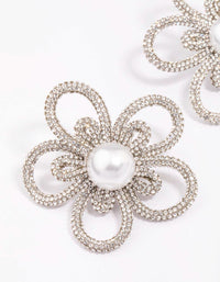Silver Diamante & Pearl Flower Statement Stud Earrings - link has visual effect only