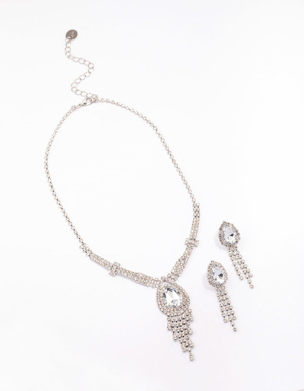 Silver Vintage Diamante Drop Jewellery Set