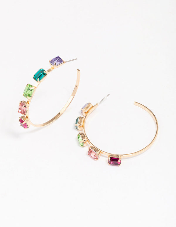 Gold Rainbow Cluster Diamante Hoop Earrings
