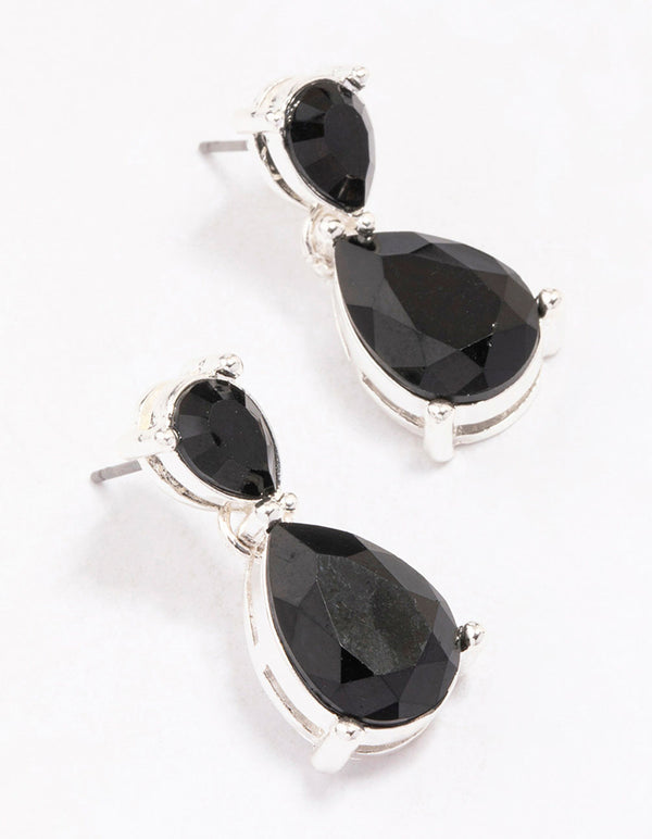 Silver Black Stone Teardrop Earrings