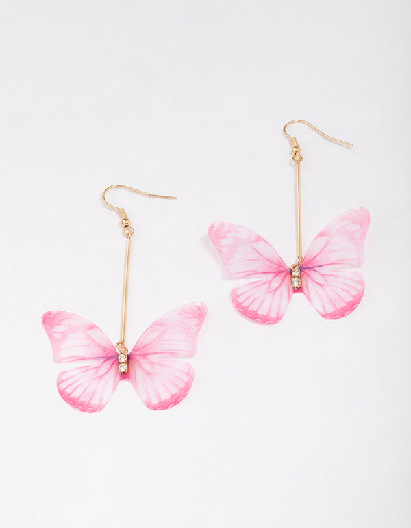 Gold & Pink Diamante Fabric Butterfly Drop Earrings