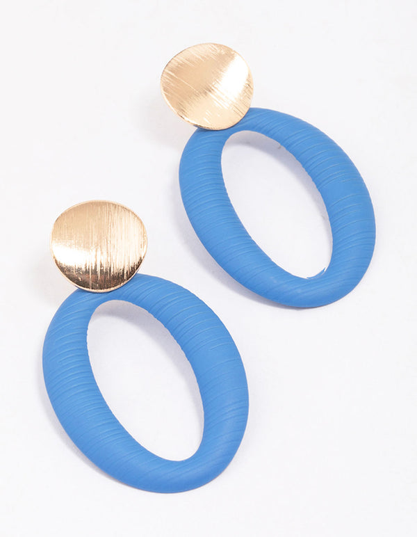 Gold & Blue Disc Textured Oval Drop Earrings