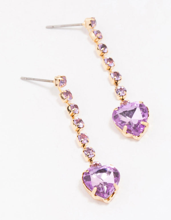 Gold Cupchain Lilac Heart Drop Earrings