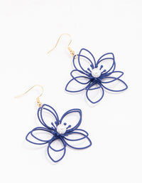 Gold & Navy Blue Wire Pearl Drop Earrings - link has visual effect only