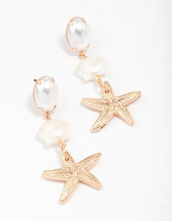 Gold Pearl Starfish Drop Earrings