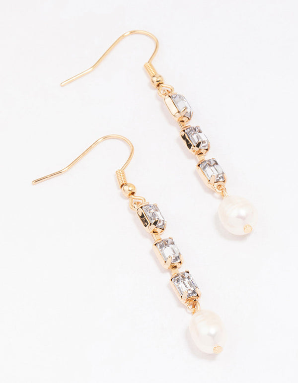 Gold Cupchain Pearl Crystal Drop Earrings