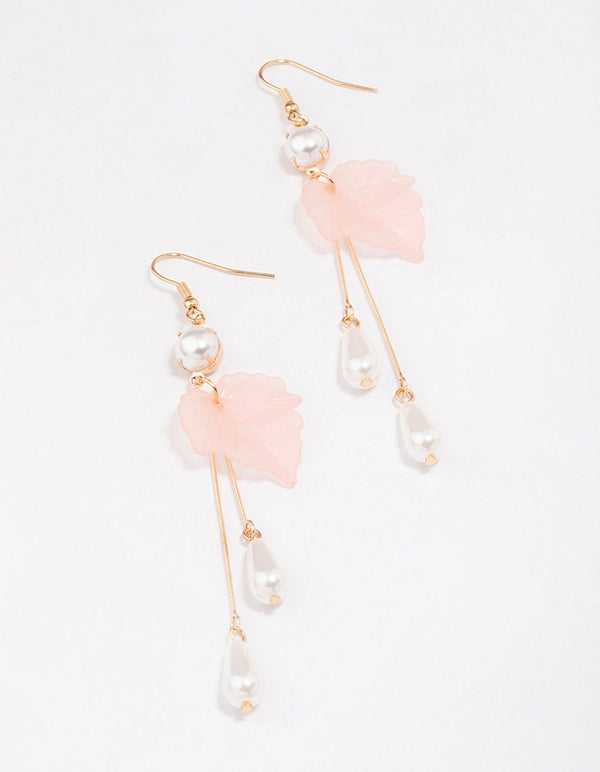 Gold Pearl & Leaf Drop Earrings