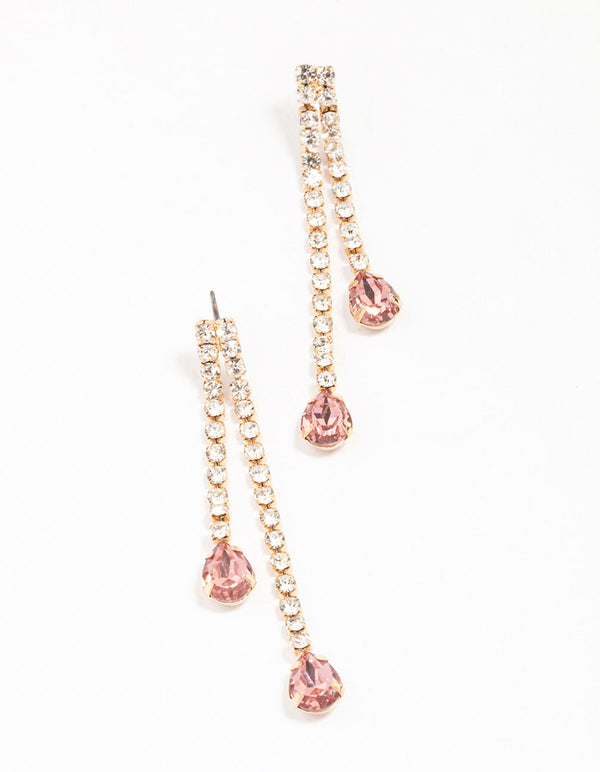 Gold Double Cupchain Pink Pear Drop Earrings