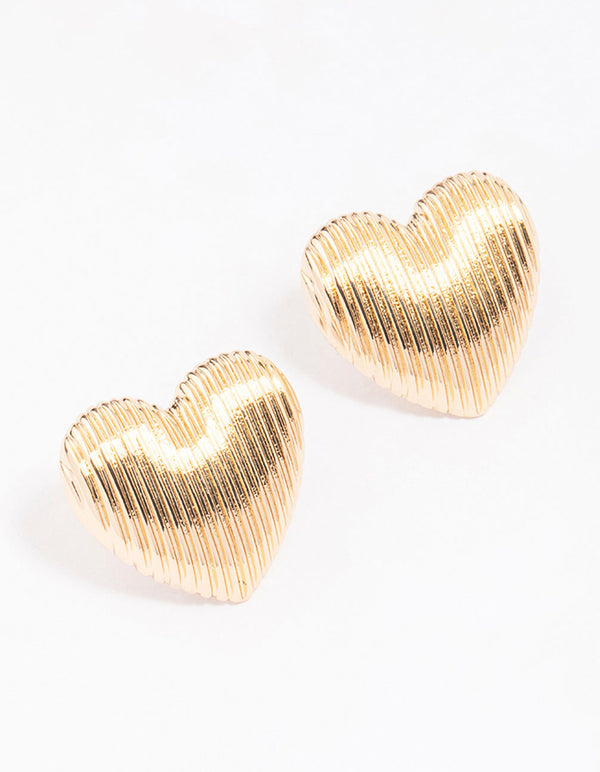 Gold Ribbed Heart Stud Earrings