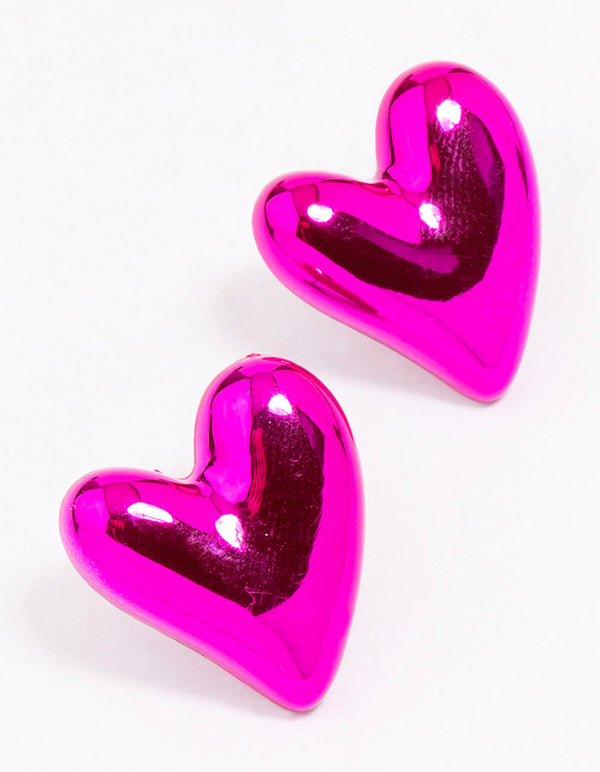 Pink Puffy Heart Stud Earrings