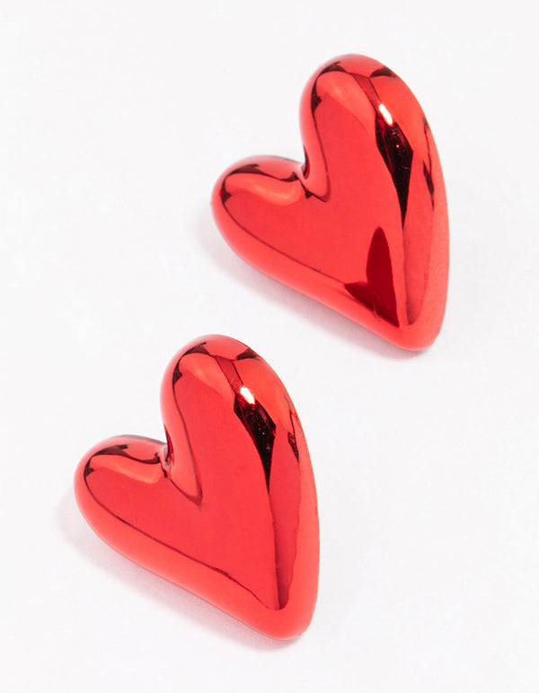 Red Puffy Heart Stud Earrings