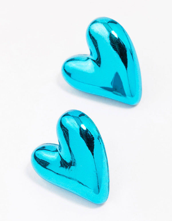 Blue Puffy Heart Stud Earrings