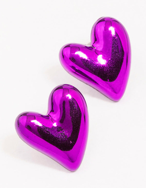 Purple Puffy Heart Stud Earrings