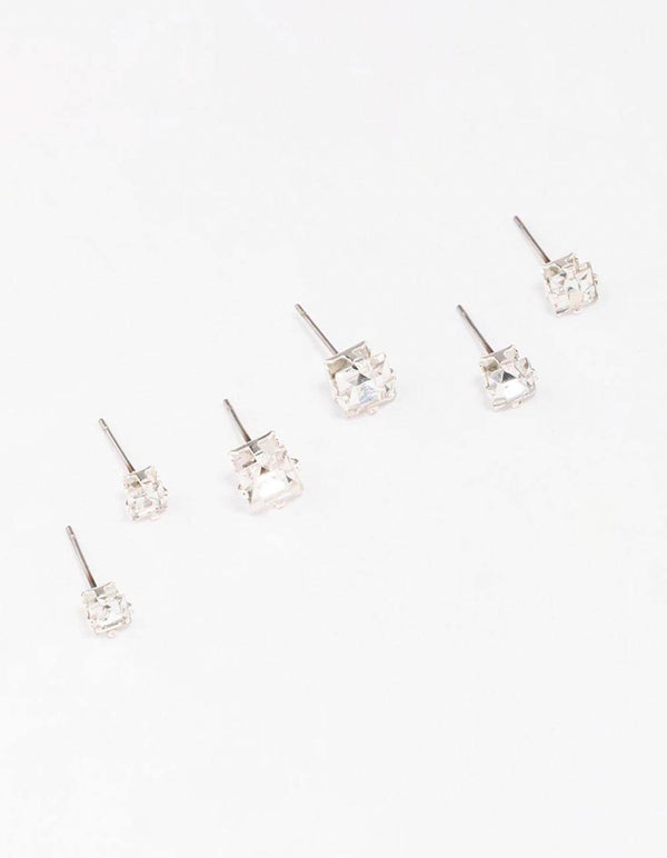 Silver Diamante Square Stud Earring 3-Pack