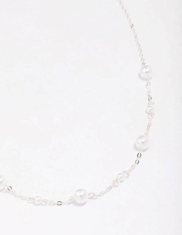 Silver Pearl & Ball Station Chain Necklace