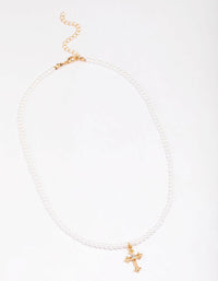 Gold Pearl Cross Pendant Necklace - link has visual effect only